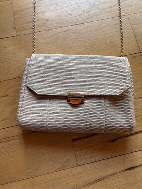 Lauren Merkin Woven Cream Crossbody Shoulder Bag with Gold Chain